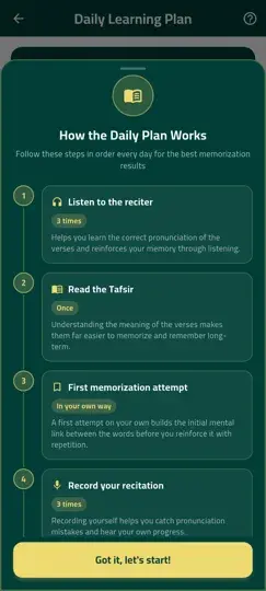 Noor Phonetic Quran - Tappe del piano di memorizzazione quotidiano