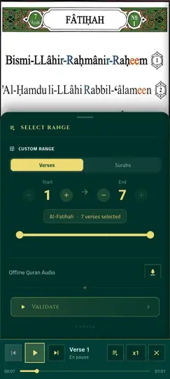 Noor Phonetic Quran - Auswahl eines Versbereichs und Offline-Download