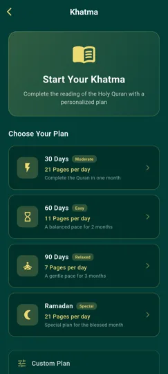 Noor Phonetic Quran - Choix du plan de Khatma (30, 60, 90 jours ou Ramadan)