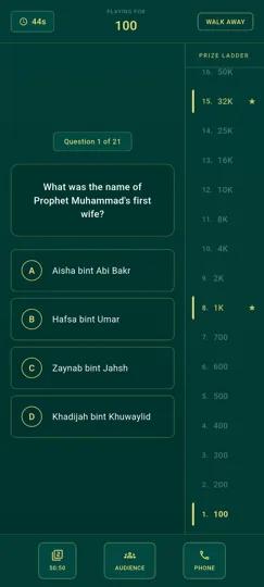 Noor Phonetic Quran - Question du quiz avec échelle de gains